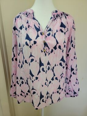 Lilly Pulitzer Pink and Navy Abstract Floral Henley Blouse 100% Silk M Breezy